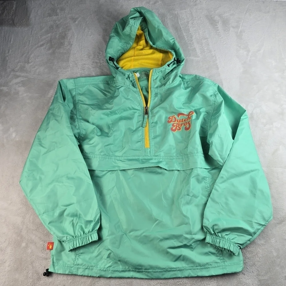DUTCH BROS Mint Green 1/4 Hoodie Windbreaker Packable Retro Sz XS UNISEX